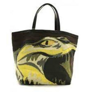 LACOSTE LINEN CROCODILE MILITARY SHOPPER BAG TOTE